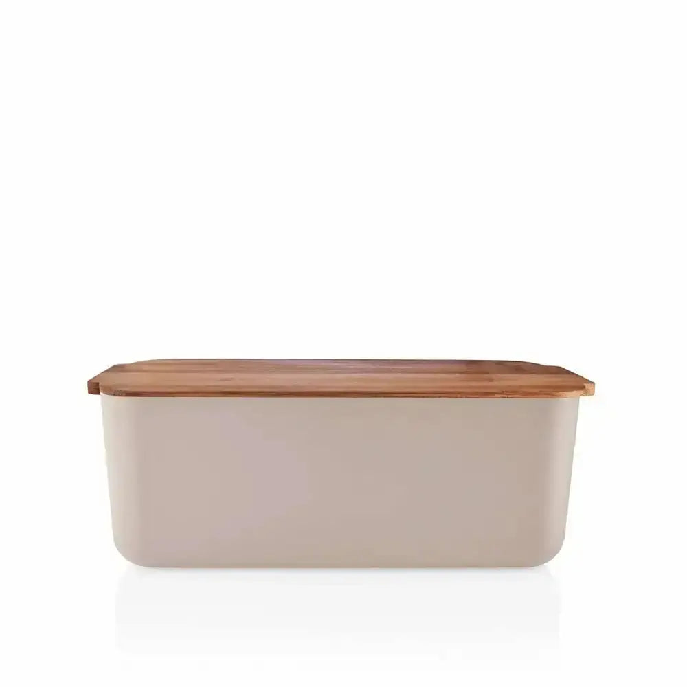 Rectangular bread storage container with a wooden lid on a white background