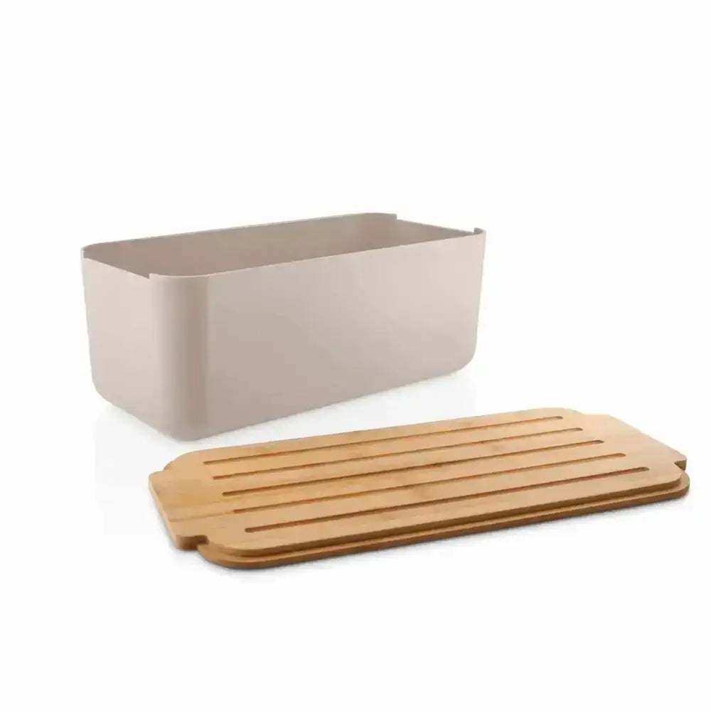 Beige rectangular bread bin with a wooden lid on a white background