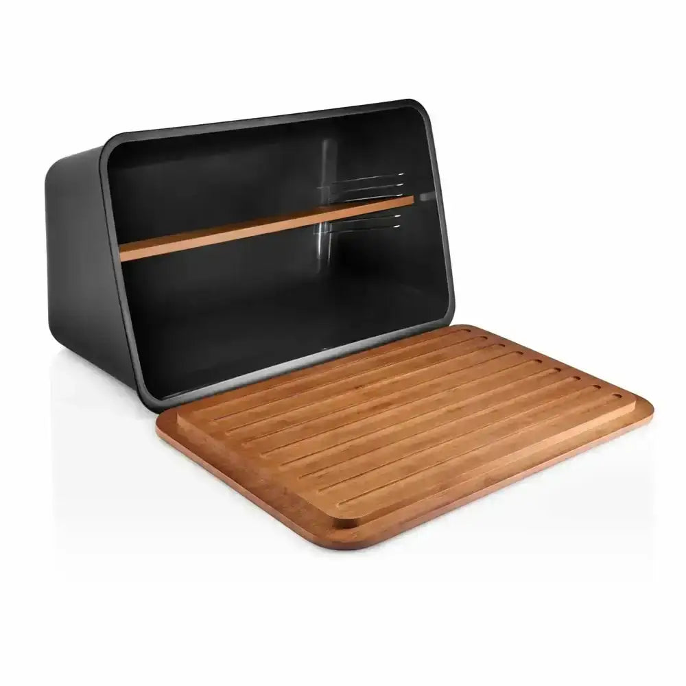 Black bread bin with a wooden lid on a white background