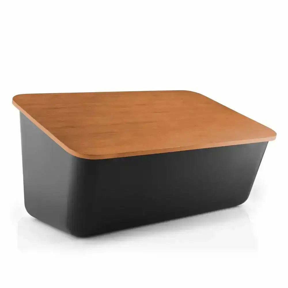 Rectangular bread storage box with wooden top and black base on a white background