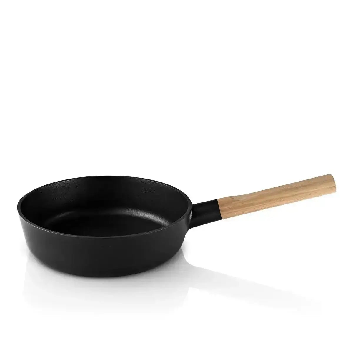 Black frying pan with a wooden handle on a white background