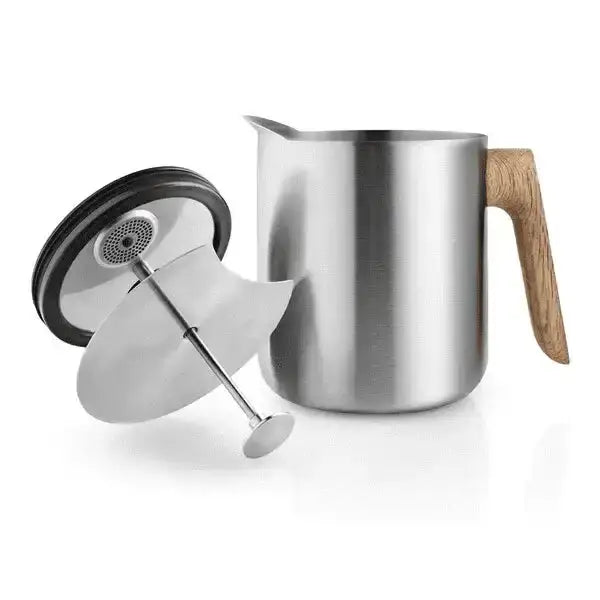 Stainless steel cafetiere with wooden handle on a white background