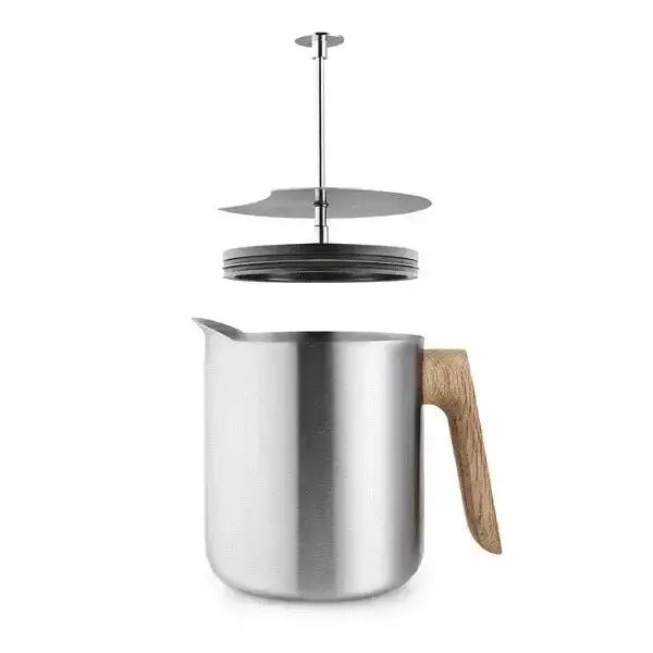 Stainless steel milk frothing pitcher with wooden handle on a white background