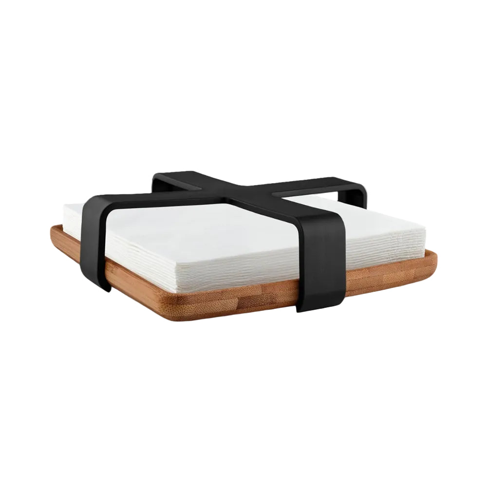 Napkin holder with black plastic crossbar and bamboo base on a white background