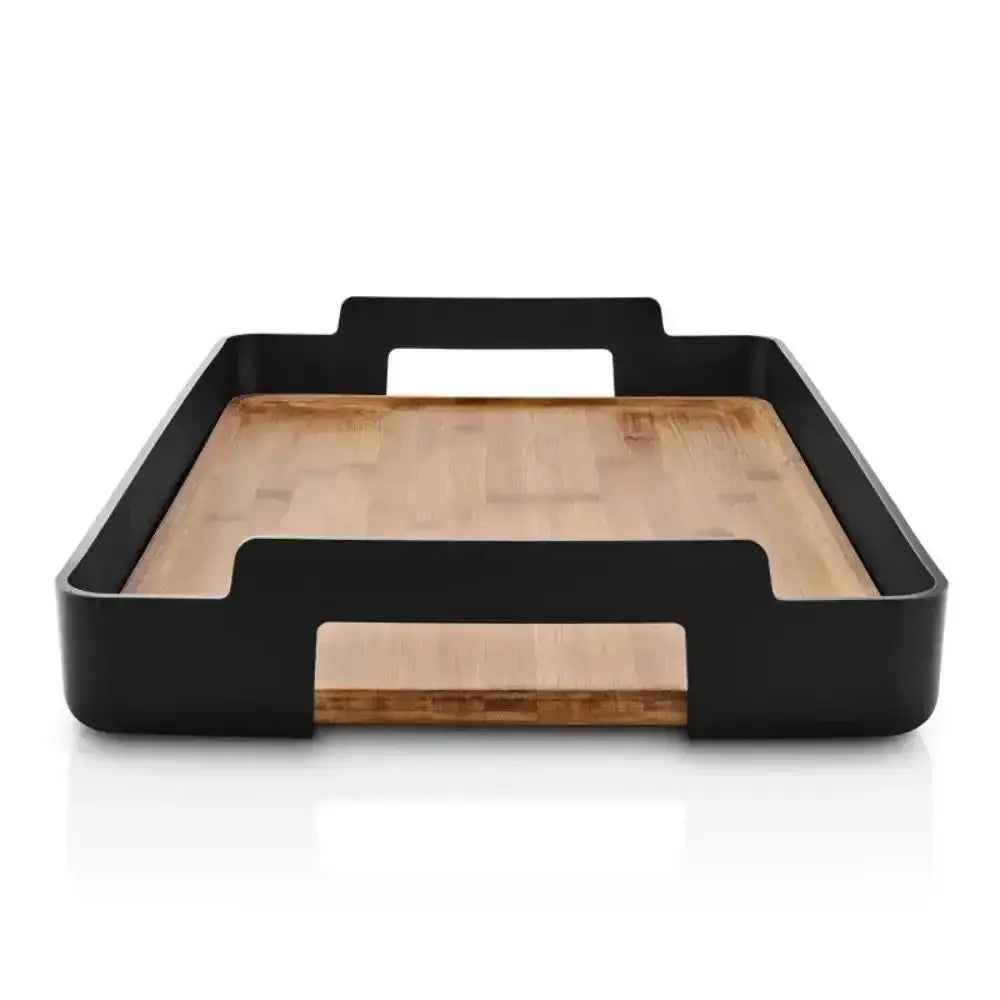 Nordic rectangular bamboo serving tray with black handles on white background, premium kitchenware from Cookin Stores.