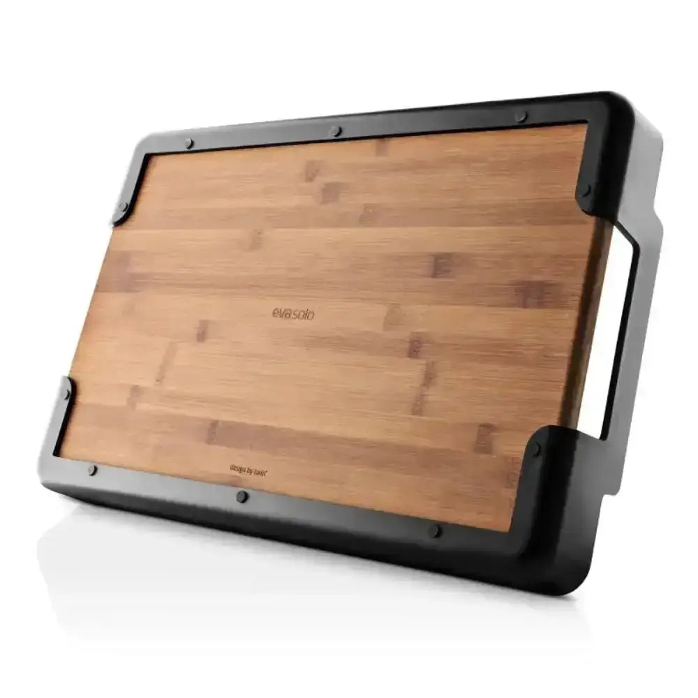 Eva Solo Nordic rectangular bamboo serving tray with black handles on white background