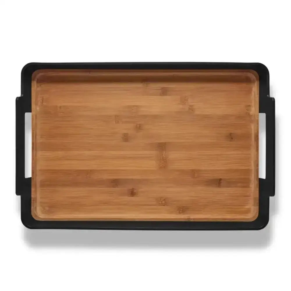 Nordic rectangular bamboo serving tray with black handles on white background, Cookin Stores