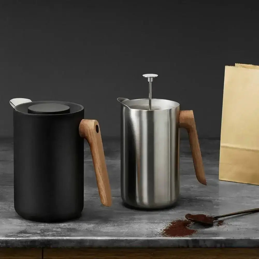Eva Solo Nordic thermal French presses with wood handles on kitchen counter, Cookin Stores