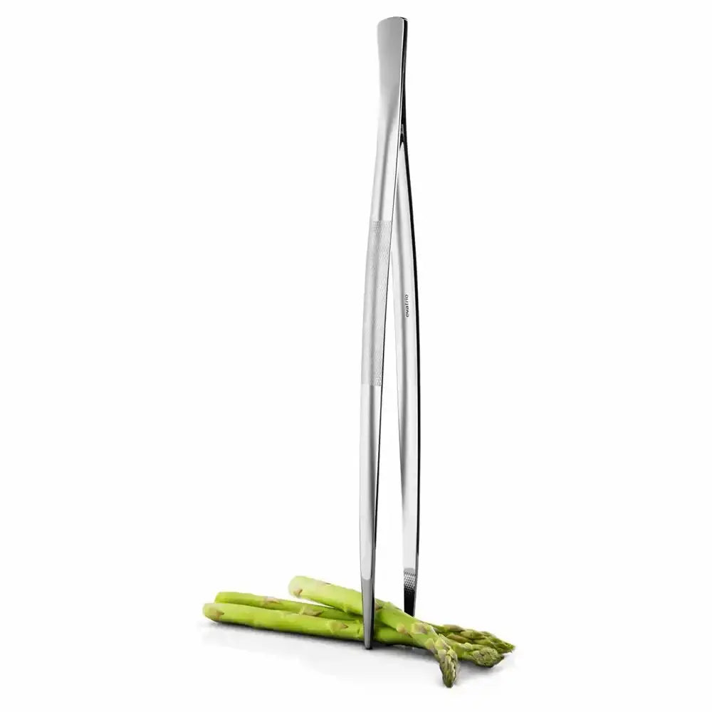 Silver asparagus holder with green asparagus on a white background