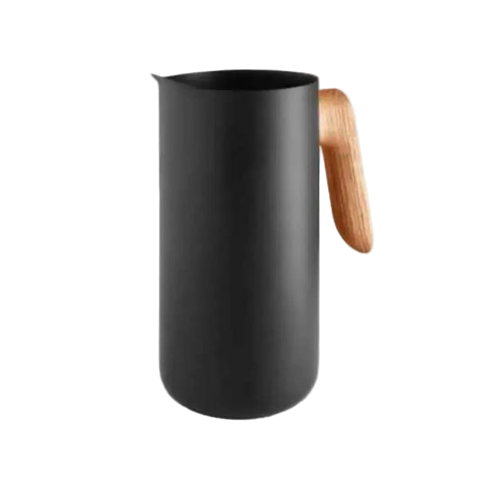 Black pitcher with a wooden handle on a white background
