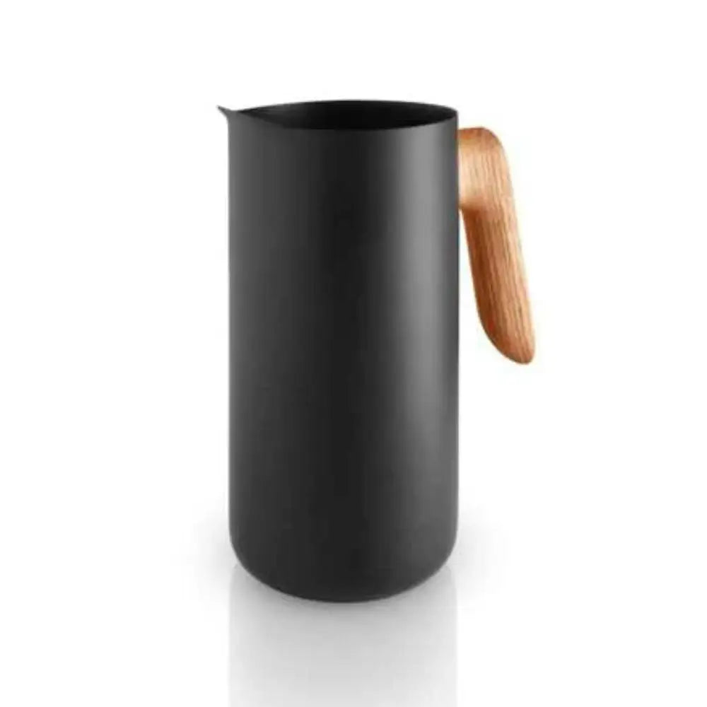 Black pitcher with a wooden handle on a white background
