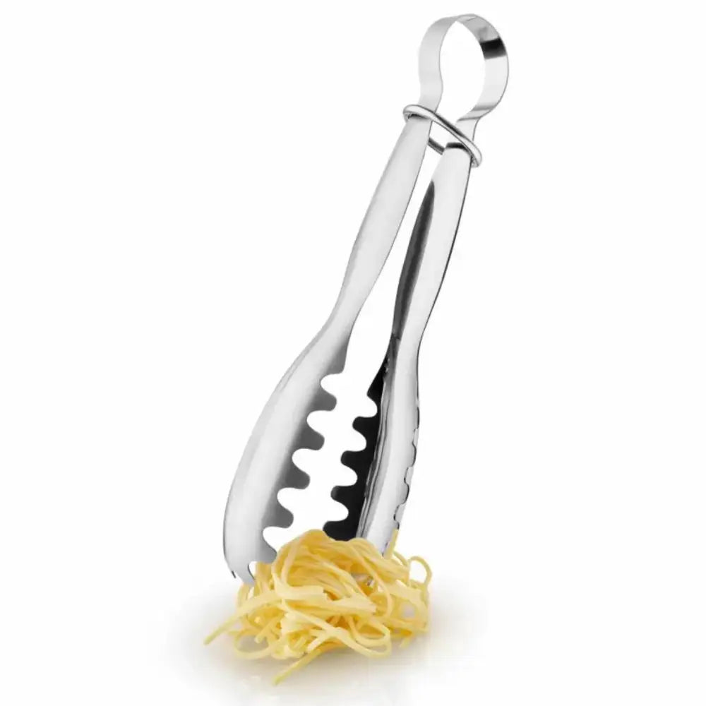 Metallic pasta tong with spaghetti on a white background