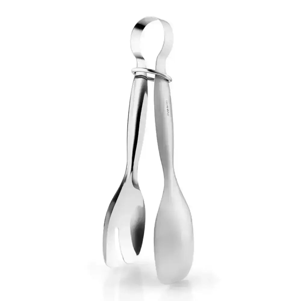 Stainless steel tongs on a white background