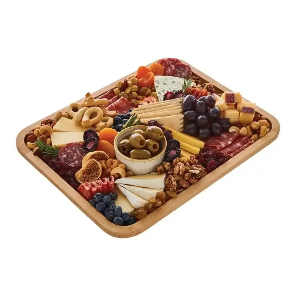 Farberware bamboo rectangular serving board 28cm with rustic wood finish and assorted cheeses meats fruits nuts and olives