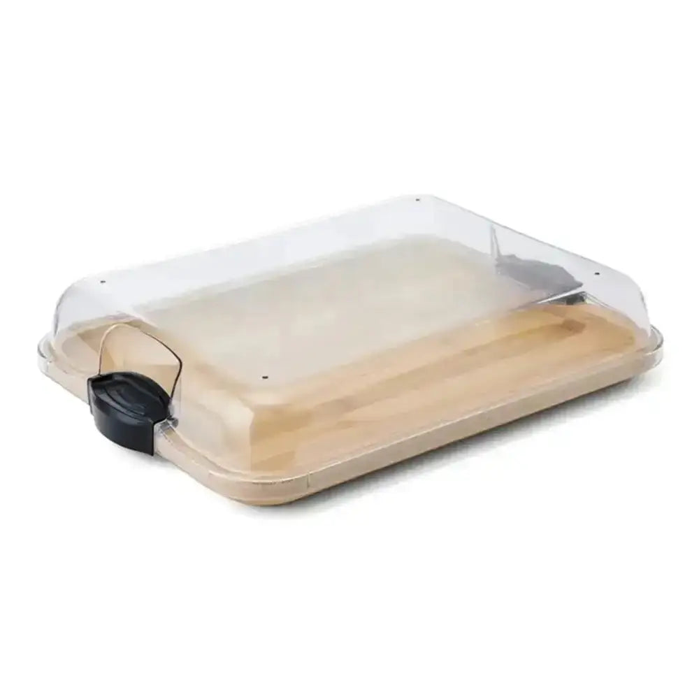 Farberware bamboo rectangular serving board 28cm with clear plastic lid and black latch on light brown wooden surface