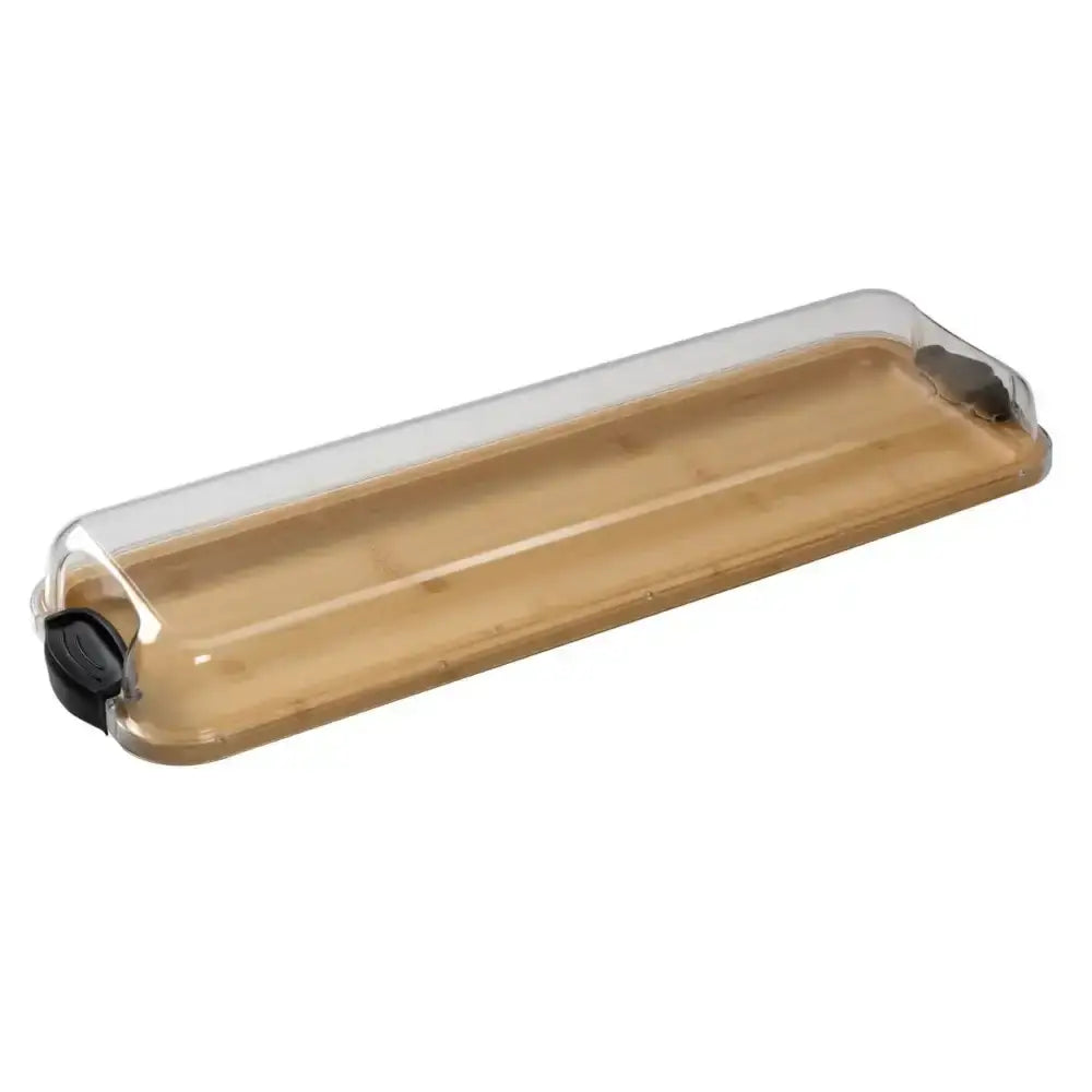 Bamboo platter with clear acrylic lid on a white background