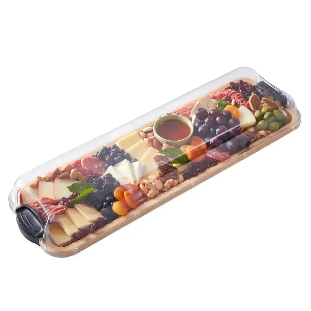 Rectangular charcuterie board with assorted meats, cheeses, fruits, and nuts on a white background.
