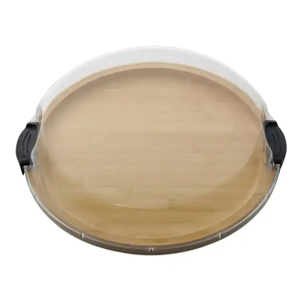 Round wooden tray with black handles on a white background