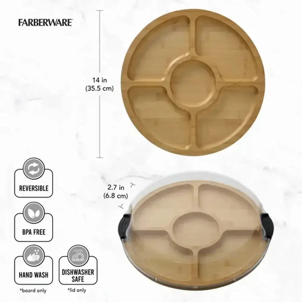 Farberware 14-inch reversible bamboo serving board with clear lid and black handles for build-a-board lazy susan use