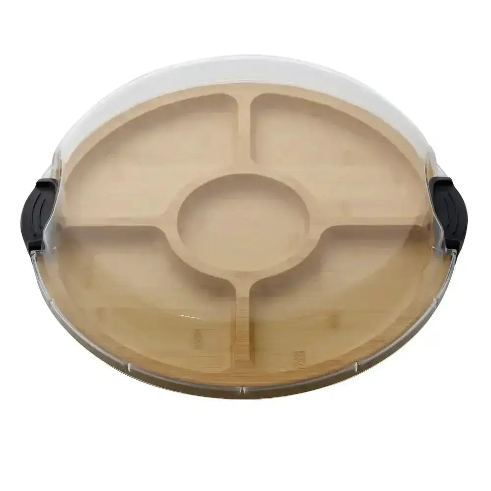 Farberware build-a-board bamboo lazy susan 35cm with clear plastic lid and black handles covering a divided wooden tray