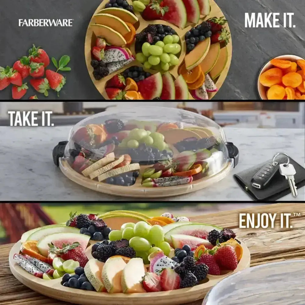 Farberware build-a-board bamboo lazy susan 35cm wooden round fruit platter with clear dome lid and black handles
