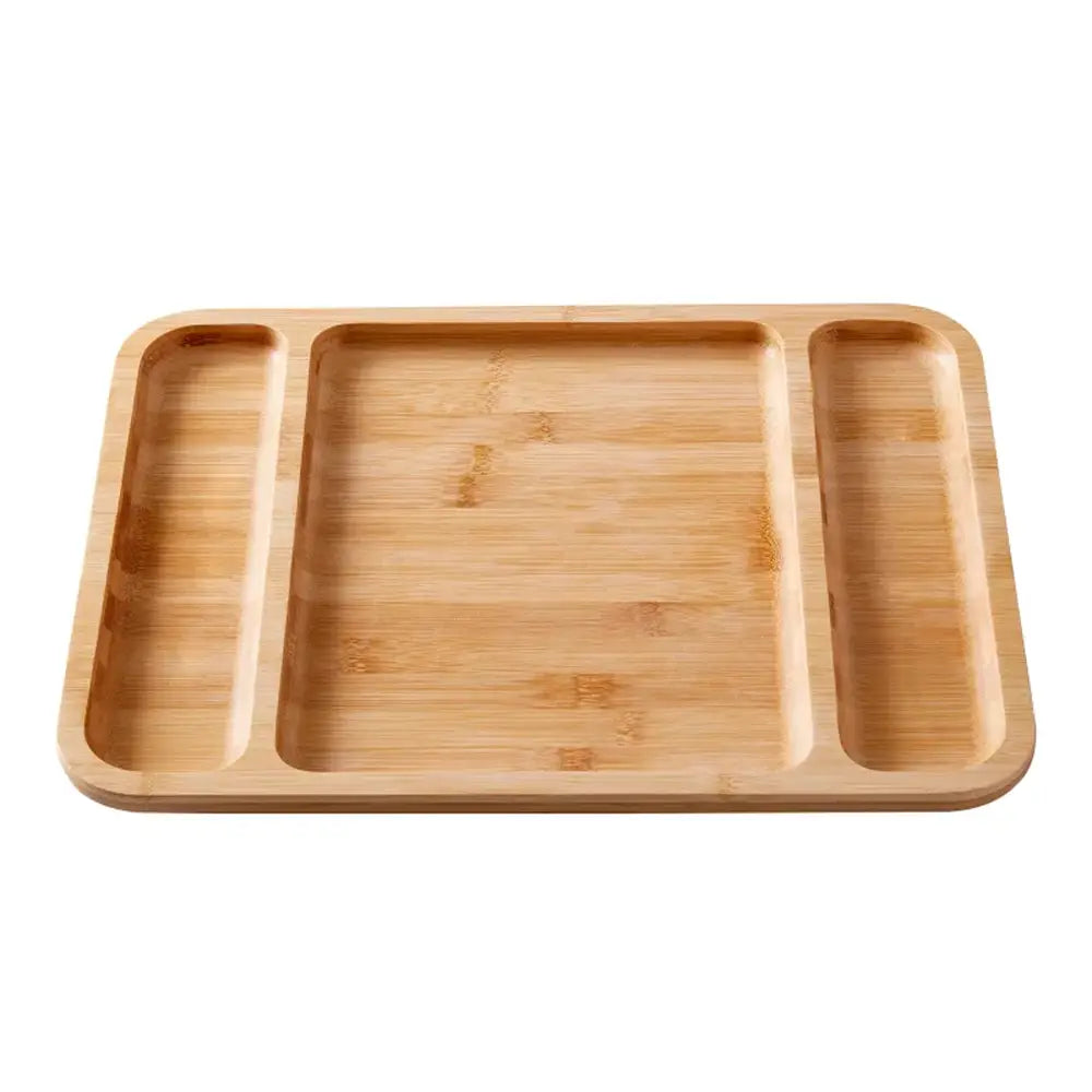 Wooden tray with three compartments on a white background
