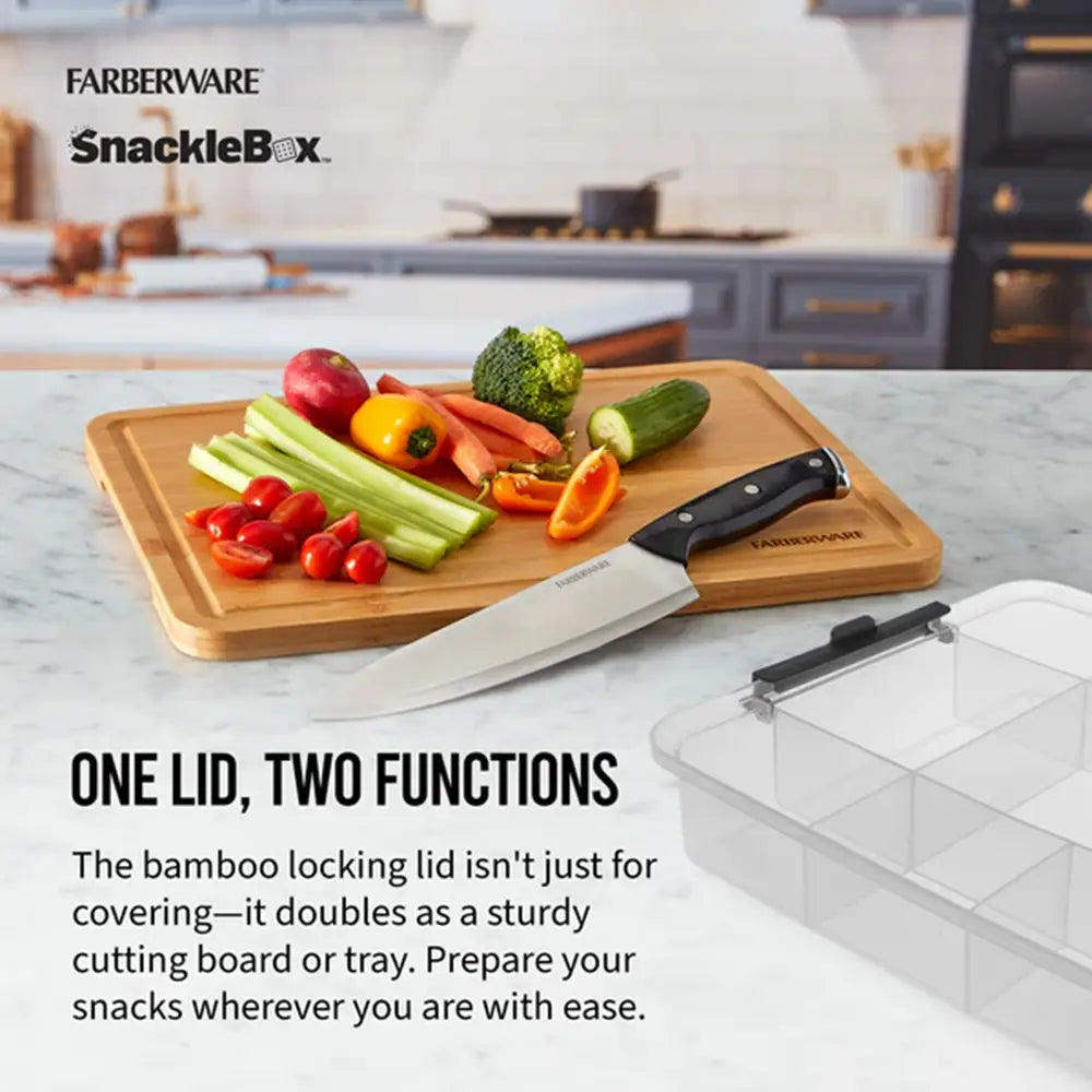 Farberware SnackleBox with cutting board and knife in a kitchen setting