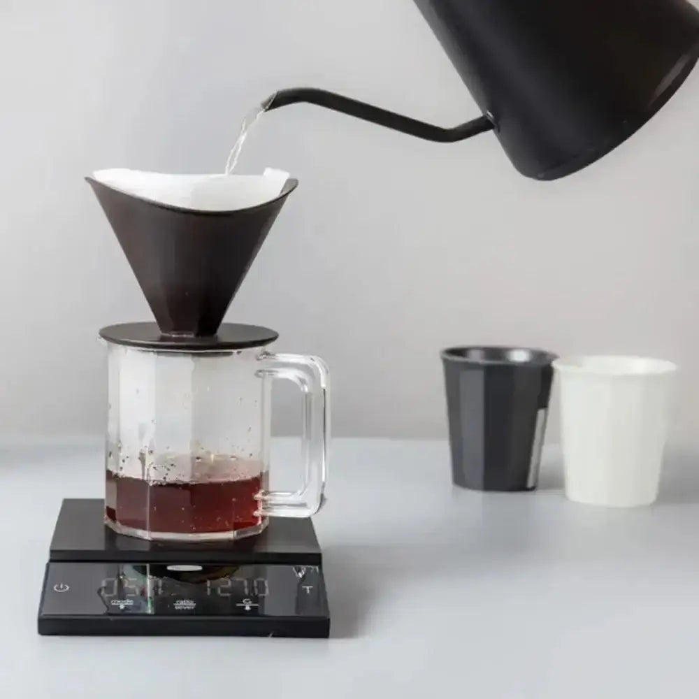 Electric pour over kettle brewing coffee with glass mug and digital scale, Cookin Stores kitchenware