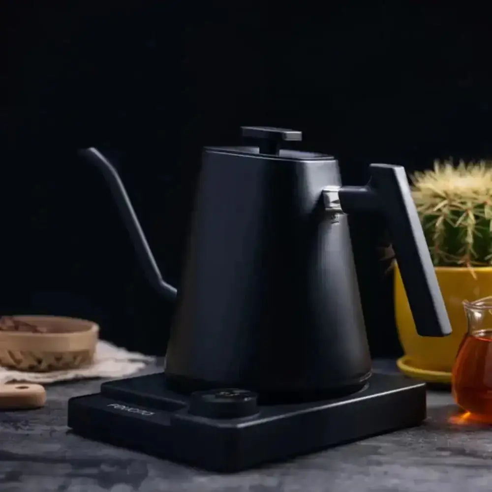 Felicita Square electric pour over kettle on black base with cactus and tea at Cookin Stores