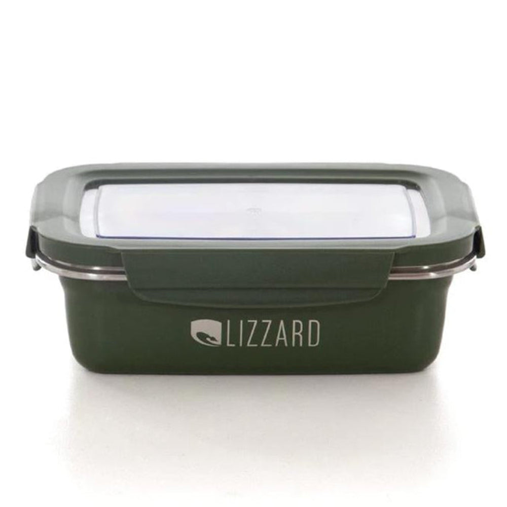 Green food storage container with a clear lid on a white background, featuring the brand 'Lizzard'.