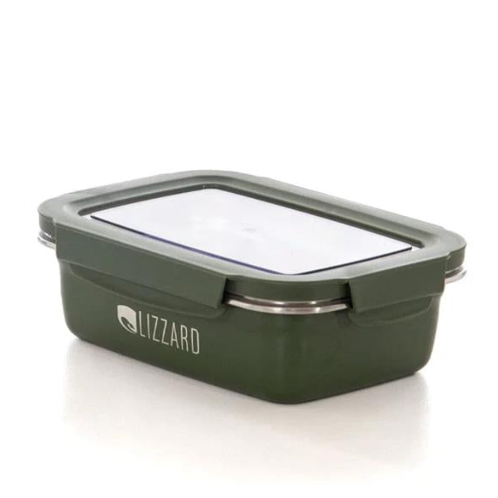 Green food storage container with a clear lid on a white background