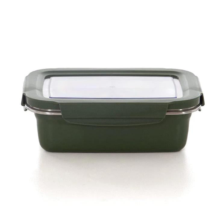 Green food storage container with a clear lid on a white background