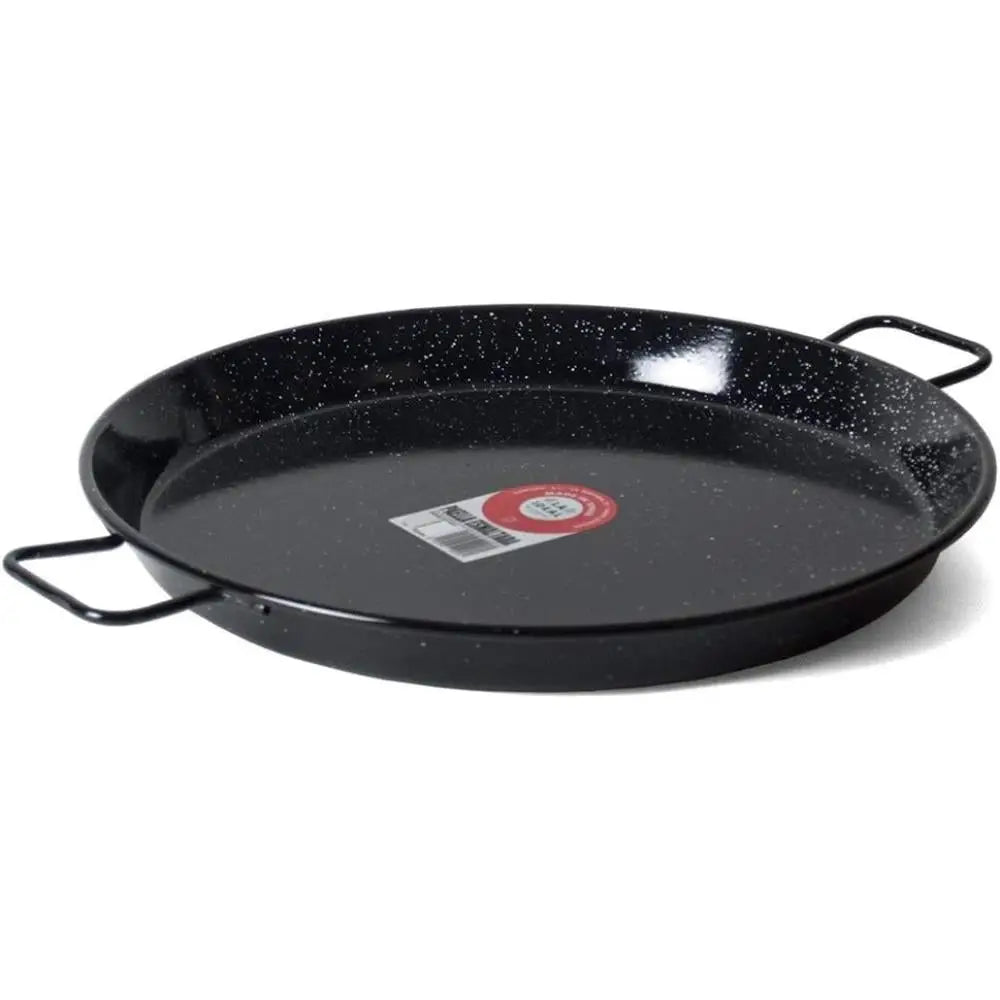 Black speckled frying pan with a label on a white background