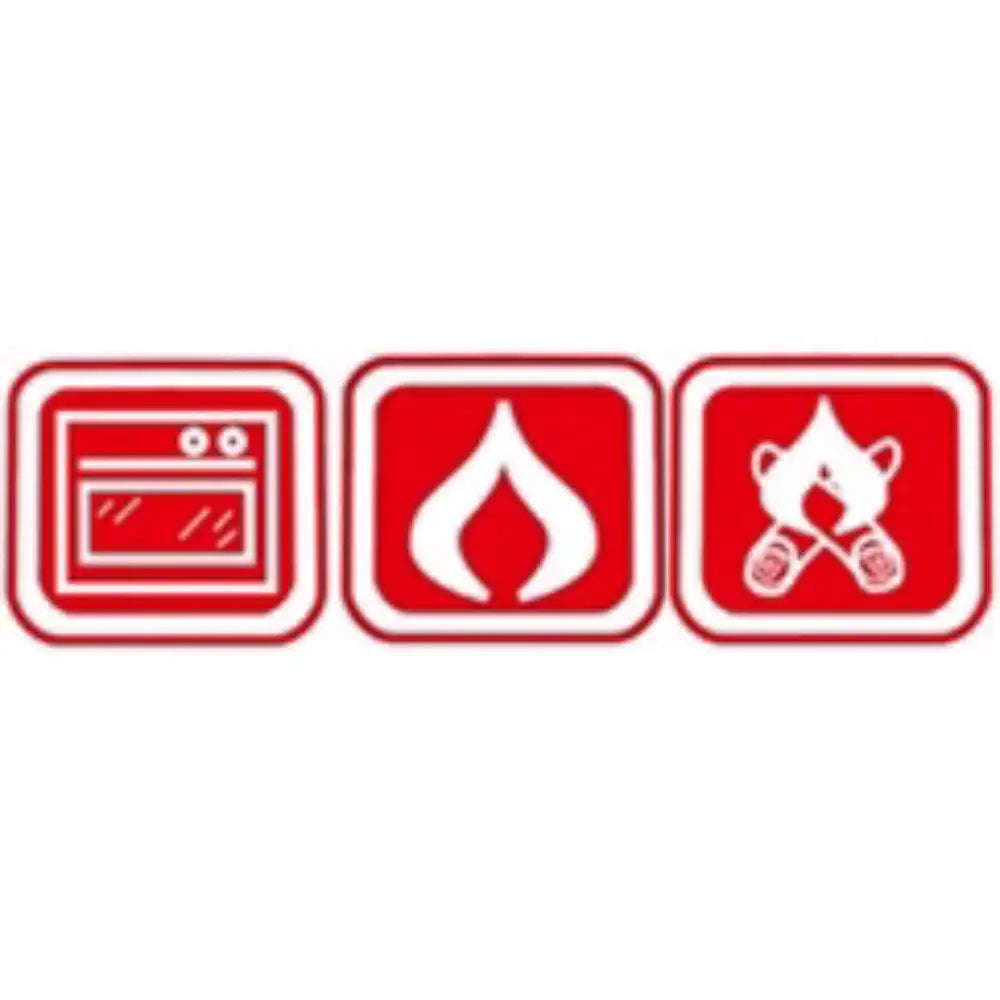 Three red icons on a white background