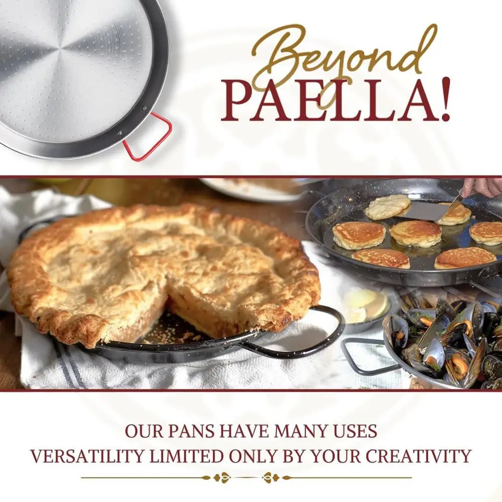 Advertisement for a versatile pan with images of a pie and cooking scene, featuring the text 'Beyond Paella!'.