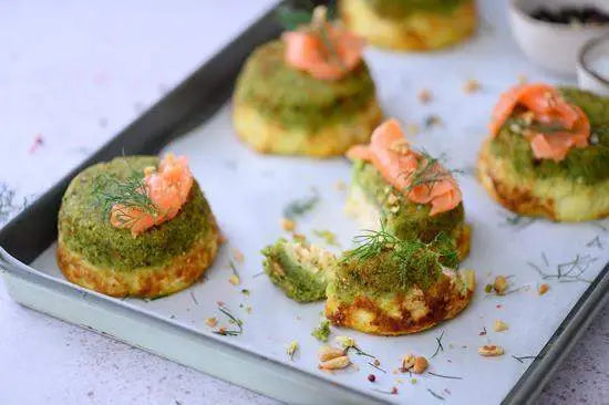 Baked savory muffins with green herbs and smoked salmon on tray, premium kitchenware from Cookin Stores