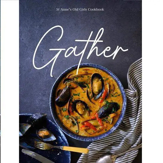 Gather cookbook cover showing a seafood stew in a blue bowl on a dark surface, Cookin Stores