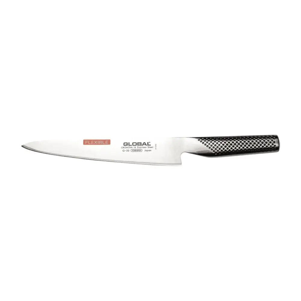 Chef's knife with 'Global' branding on a white background