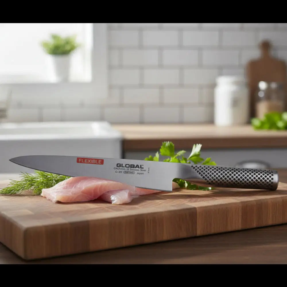 Chef's knife with 'Global' branding on a white background