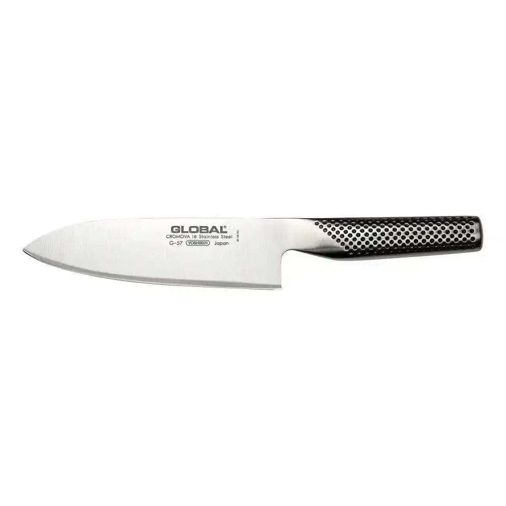 Chef's knife with black handle on a white background, featuring the Global brand.