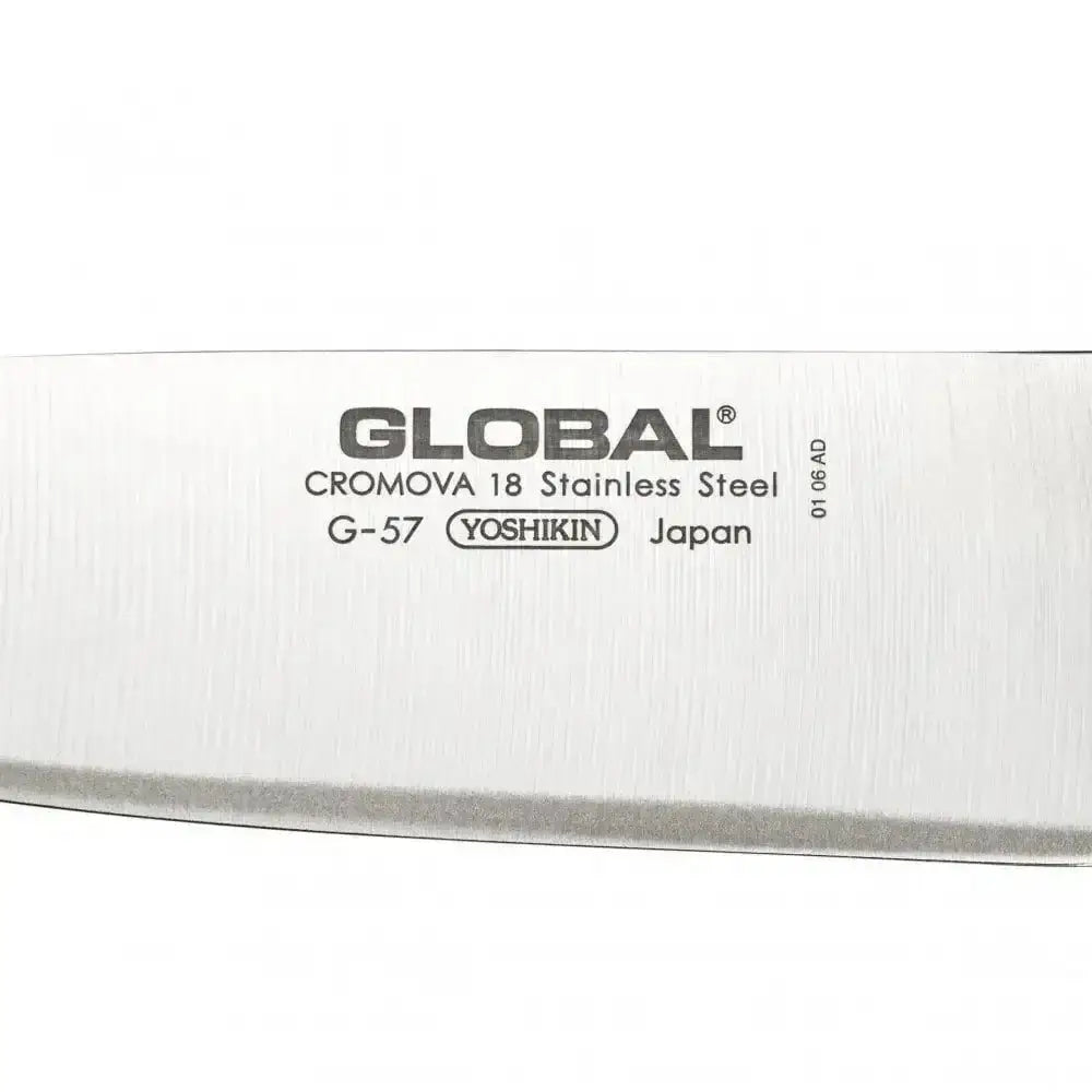 Close-up of a Global knife blade with branding and specifications.