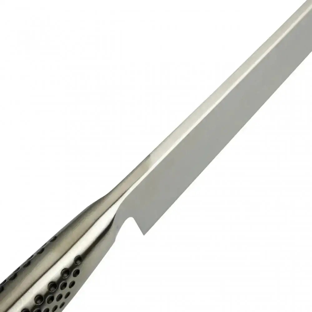 Close-up of a metal knife with a white background