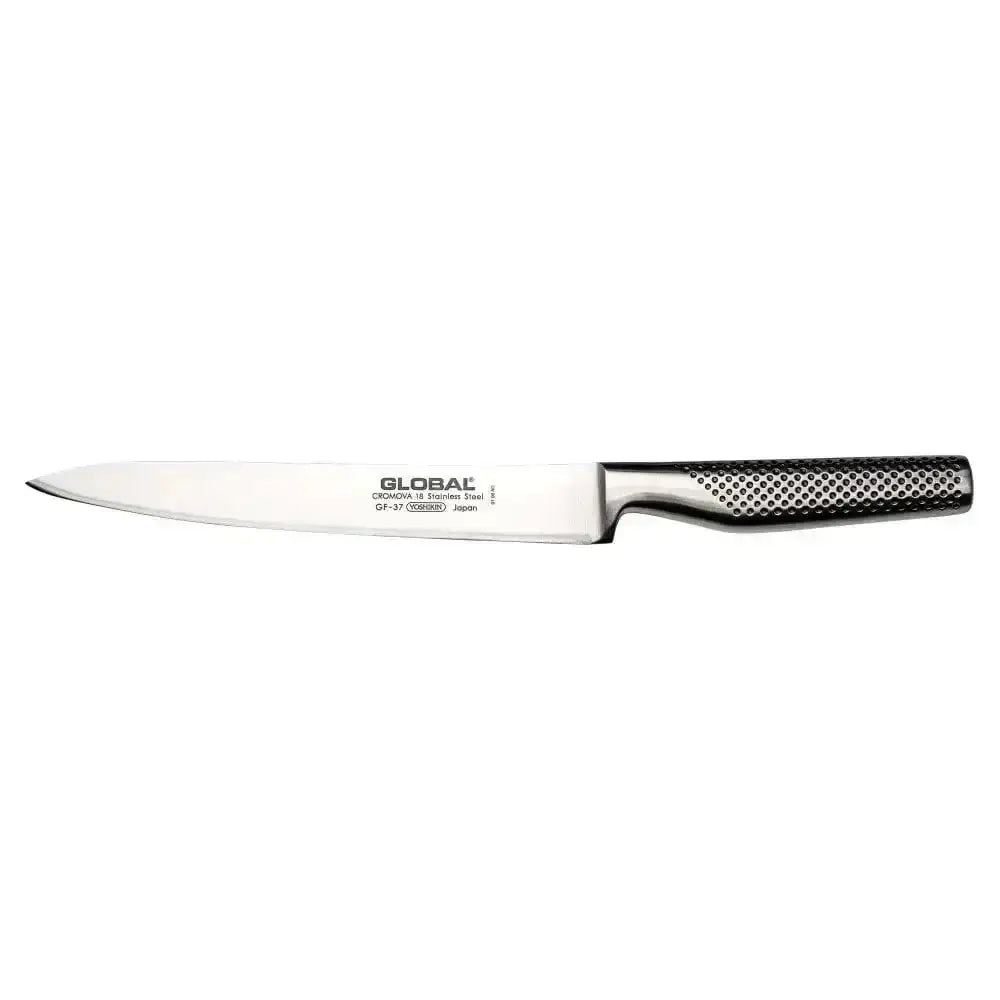 Metallic knife with black handle on a white background, featuring the Global brand.