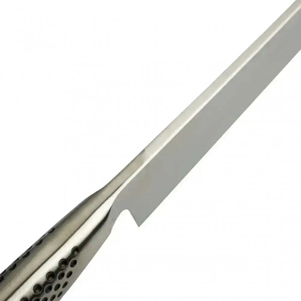 Close-up of a knife blade on a white background