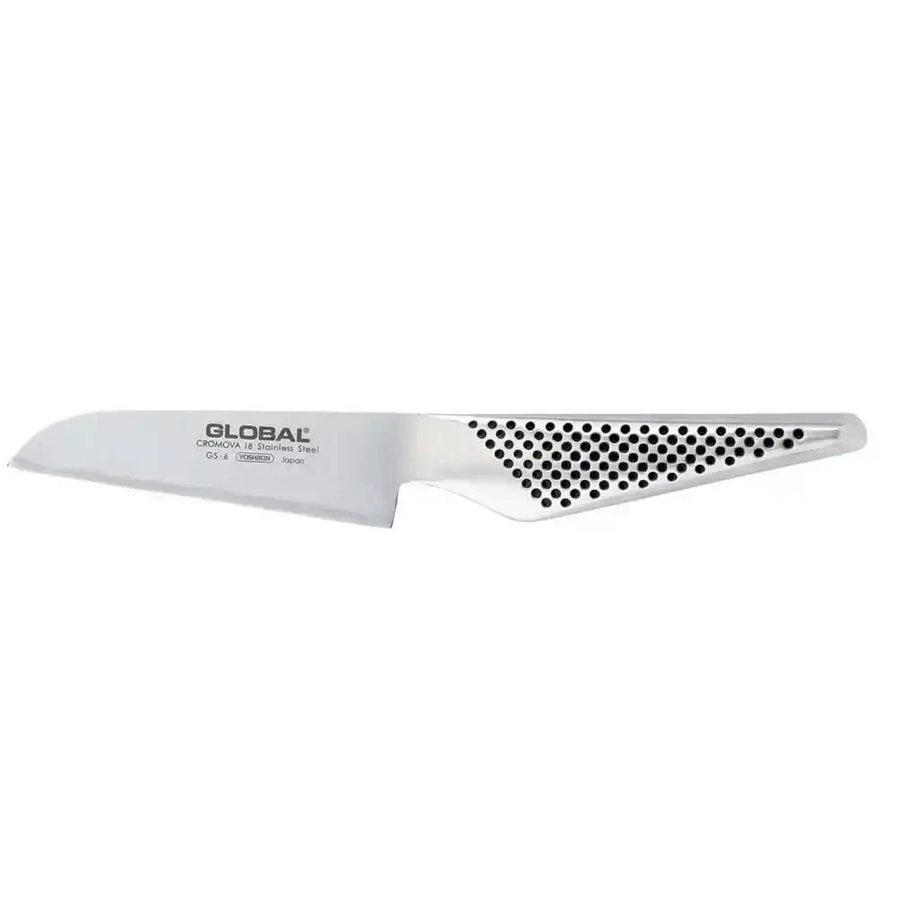 Serrated knife blade with 'Global' branding on a white background