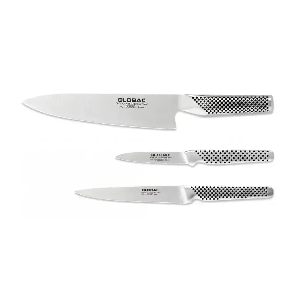 Set of three Global knives on a white background