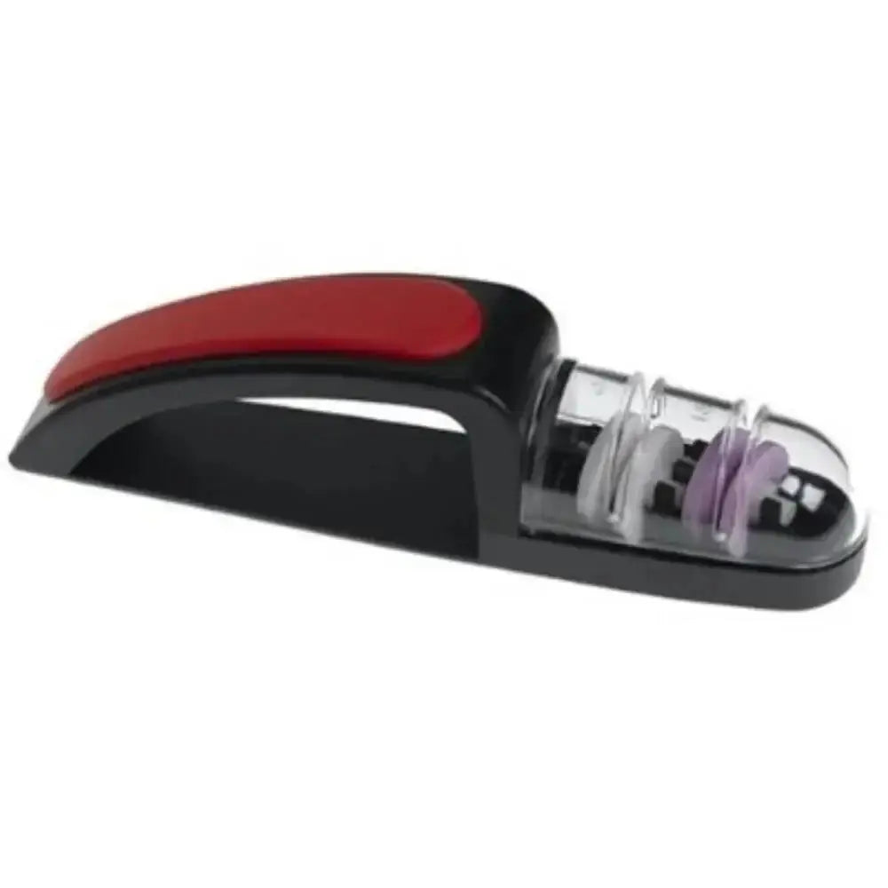 Knife sharpener with red handle and multiple holes on a white background