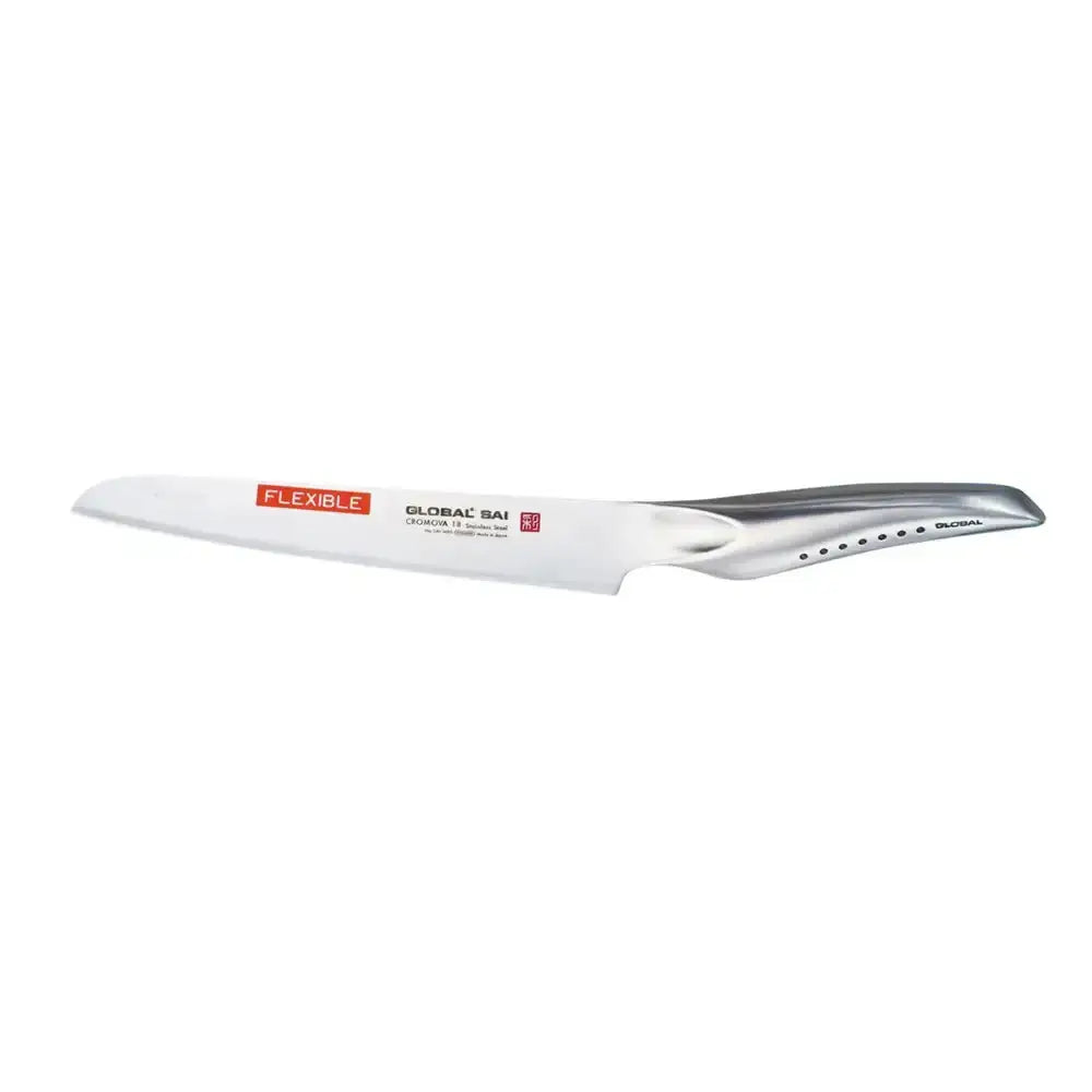 Stainless steel knife blade with 'FLEXIBLE' and 'GLOBAL' branding on a white background