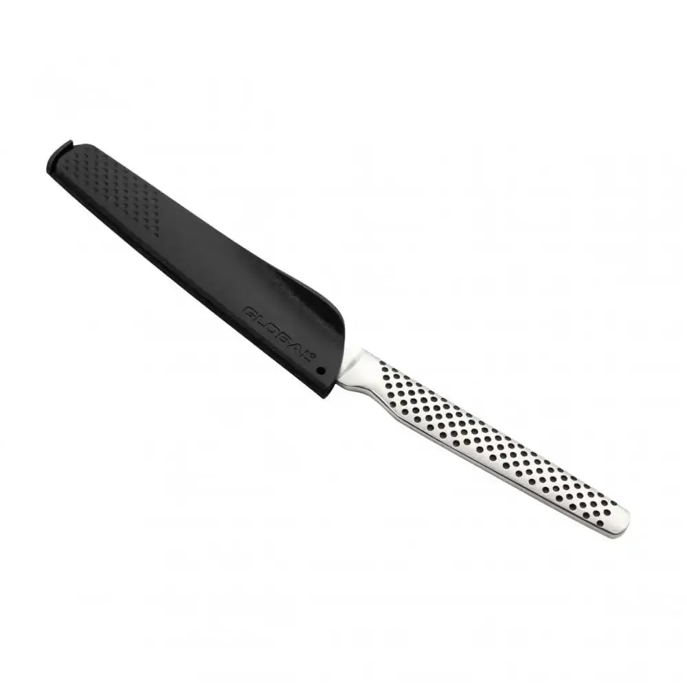 Metallic knife with a black sheath on a white background
