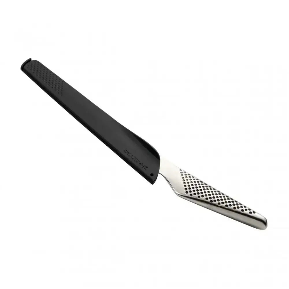 Metallic knife with a black sheath on a white background